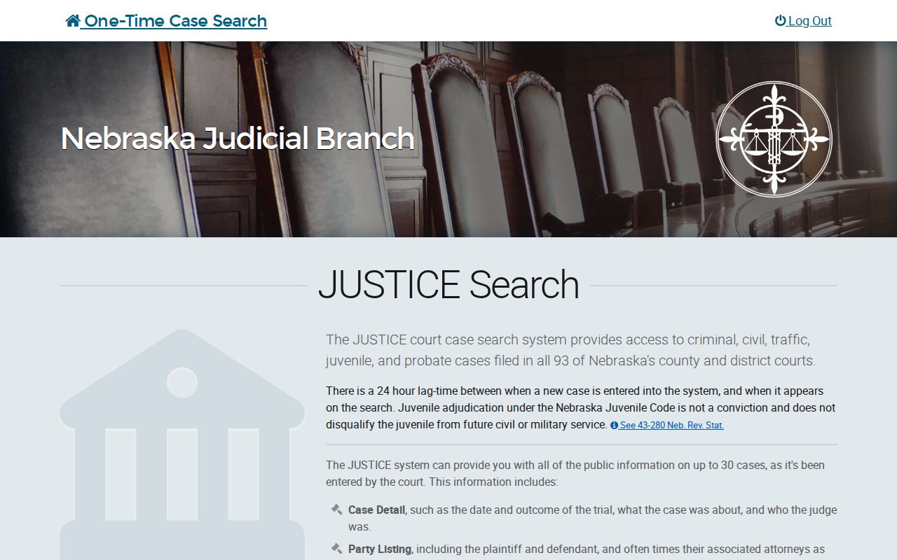 Deuel County one-time court record search landing page for Nebraska JUSTICE