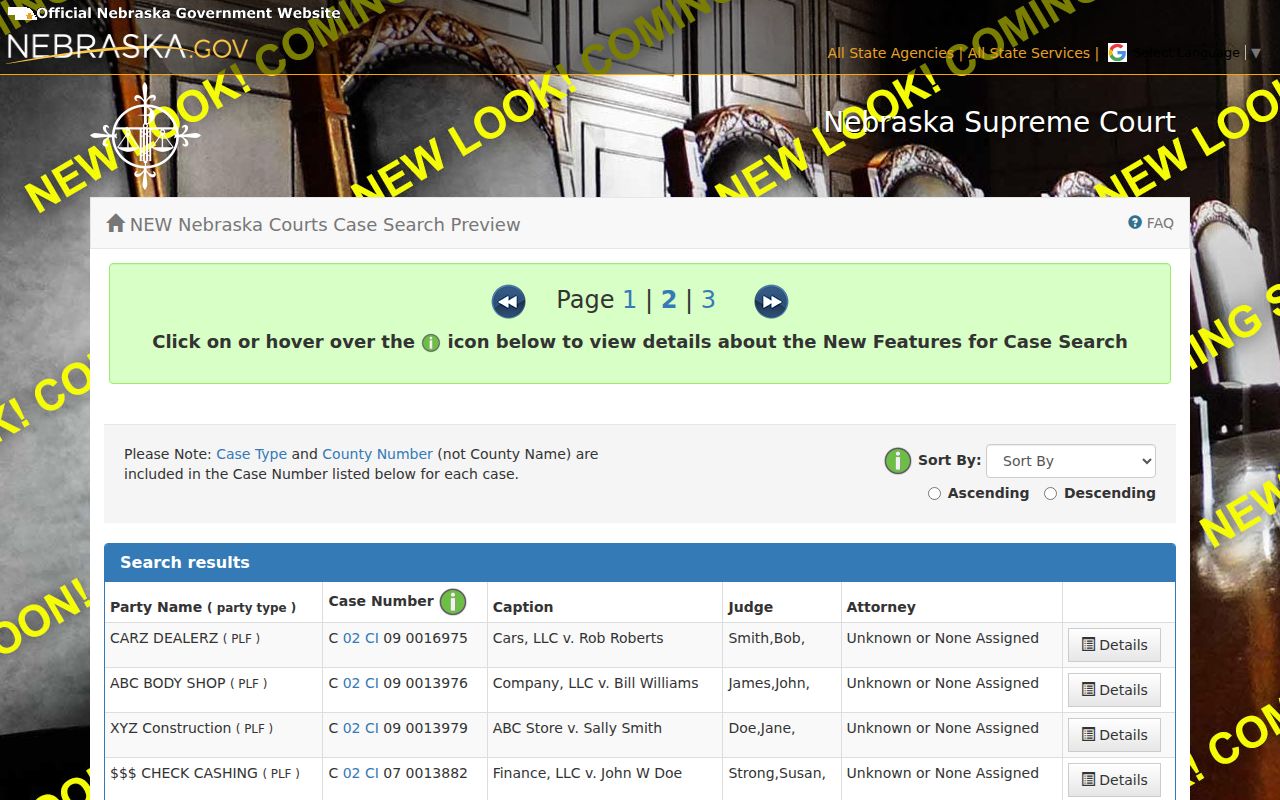 Deuel County case search result list demonstration showing case number and caption