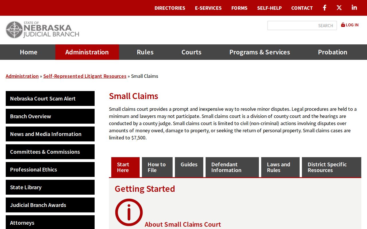 Nebraska Judicial Branch small claims self-help resource