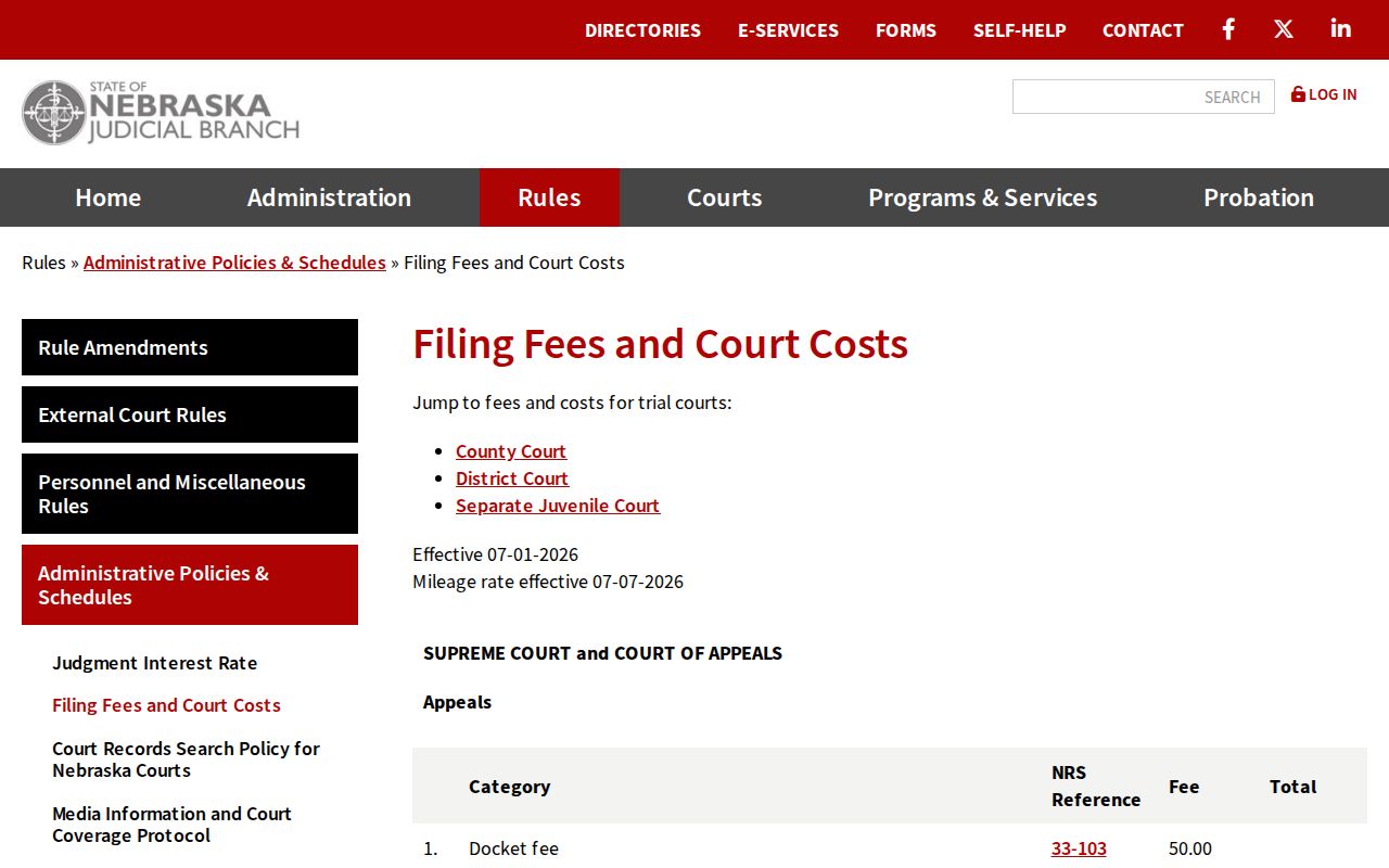 Nebraska Judicial Branch court fee and cost schedule