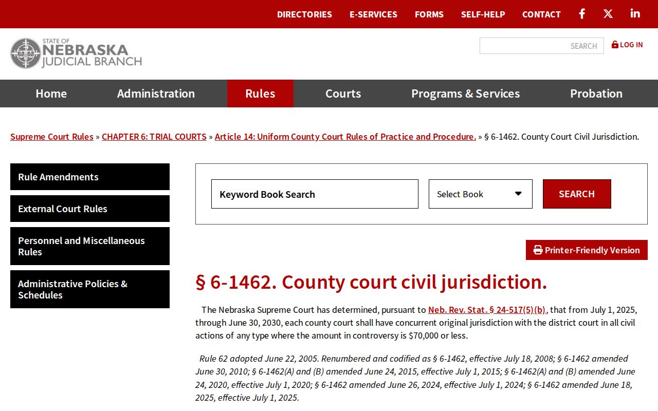 Nebraska Rule 6-1462 county court civil jurisdiction