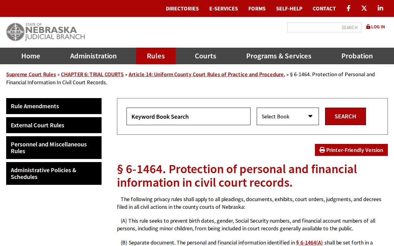 Nebraska Rule 6-1464 for protected civil court information