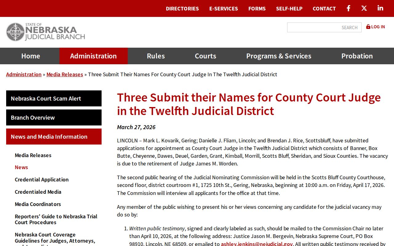 Official District 12 county judge vacancy release