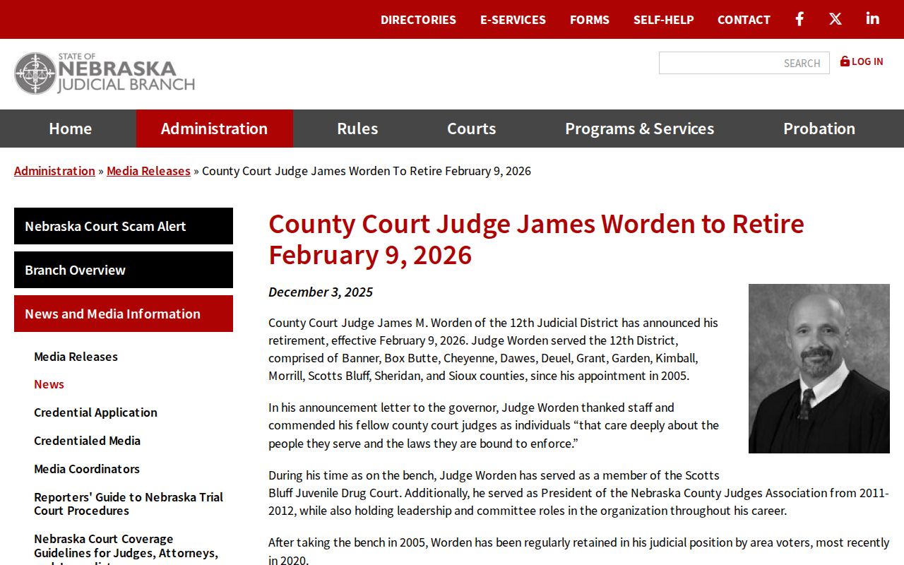 Official Nebraska county judge retirement release