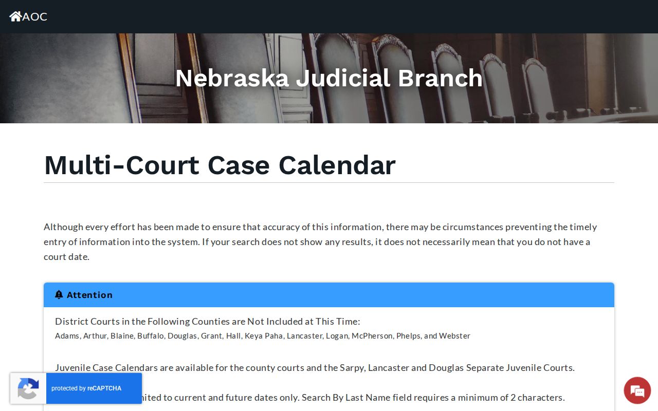 Nebraska Multi-Court Case Calendar search controls