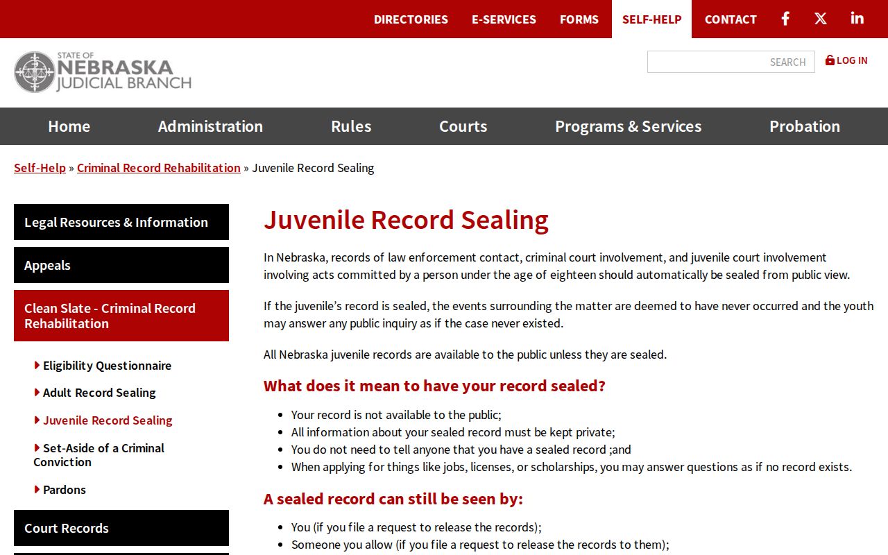Nebraska Judicial Branch juvenile record sealing resource